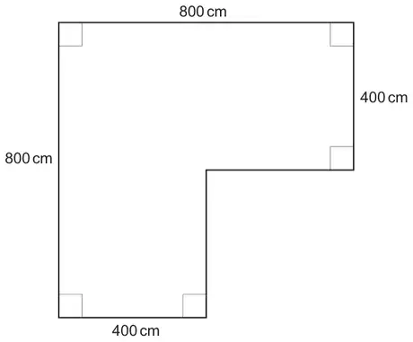An L-shaped garden with right angles at every corner: top side 800 cm, left side 800 cm, upper right side 400 cm and bottom side 400 cm