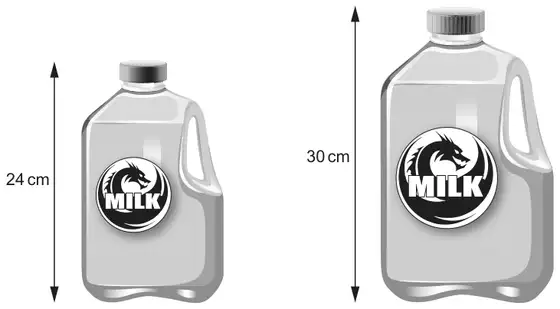 Two similar milk cartons: the smaller one has height 24 cm and the larger one has height 30 cm