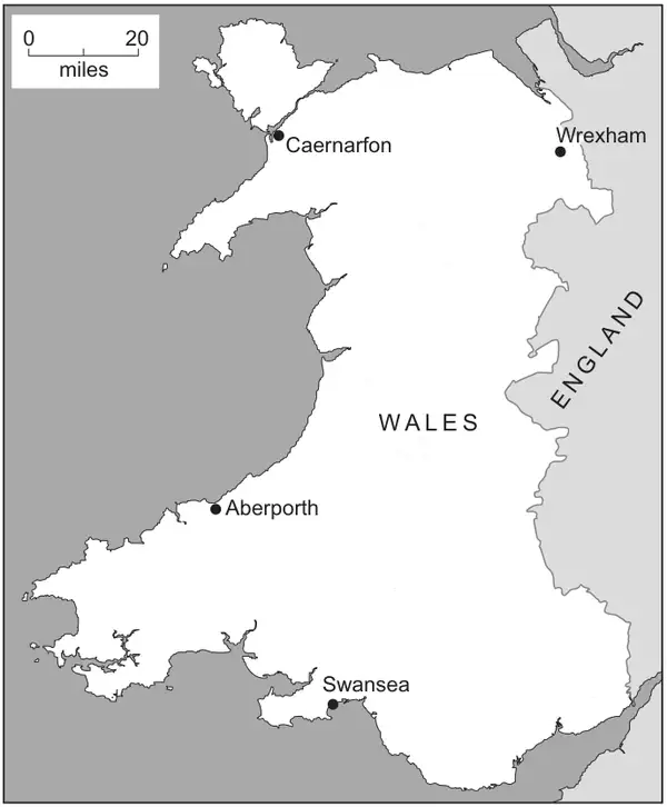 Map of Wales with England to the east, a scale bar from 0 to 20 miles, and the towns Caernarfon, Wrexham, Aberporth and Swansea marked with dots