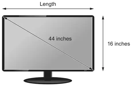 A television screen with its length marked across the top, a diagonal of 44 inches and a height of 16 inches