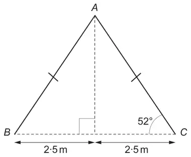Isosceles triangle ABC with AB = AC; a dashed perpendicular from A meets BC at a right angle, splitting BC into 2.5 m and 2.5 m; angle ACB is 52 degrees