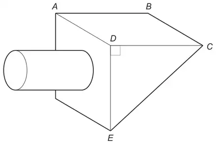 Shelf support: a cylinder attached to the back face of a triangular prism ABCDE, with the right angle at D between DC and DE