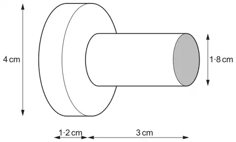 Door handle: a cylinder of diameter 4 cm and length 1·2 cm joined to a cylinder of diameter 1·8 cm and length 3 cm; the far circular end of the thinner cylinder is shaded
