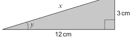 Right-angled triangle: horizontal side 12 cm, vertical side 3 cm, hypotenuse x, angle y between the 12 cm side and the hypotenuse