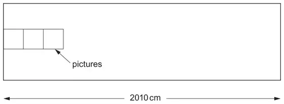 A long rectangle (the corridor wall) of length 2010 cm with a row of three small squares labelled pictures at the left end