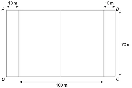 Rugby pitch: rectangle ABCD with AB at the top and BC = 70 m on the right; a 10 m strip at each end (marked at A and at B) and 100 m between the two inner lines