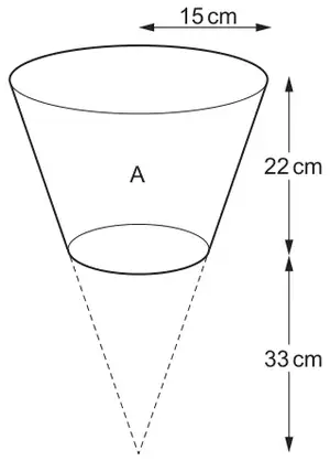 Bucket A: frustum of a cone with top radius 15 cm and height 22 cm; the dashed cone completing it below the base has height 33 cm