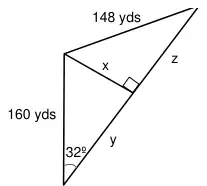 Triangle split by a perpendicular x from the 32° vertex side: sides 160 yds and 148 yds, the single shot split into y and z