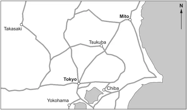 Map of roads around Tokyo showing Mito, Takasaki, Tsukuba, Tokyo, Chiba and Yokohama, with a north arrow