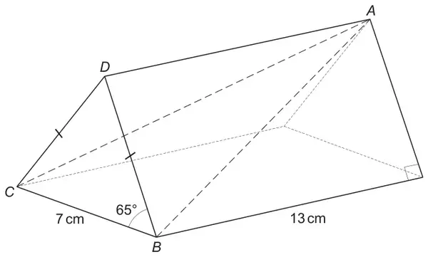 Isosceles triangular prism with triangular end CDB, DB = DC marked equal, CB = 7 cm, angle DBC = 65°, length from B = 13 cm, and the tear strip A to B, B to C, C to A shown dashed