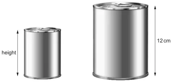 Two similar cylindrical cans: the small can with its height marked, the large can with height 12 cm