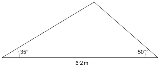 Triangle with horizontal base 6·2 m; the angle at the left end of the base is 35° and the angle at the right end is 50°