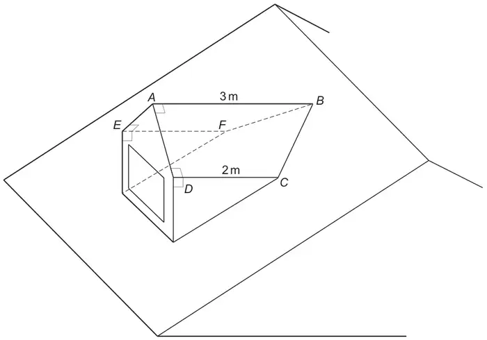 Roof structure on a sloping roof: the front face has corners E and D, with ridge point A above the middle of ED; the ridge AB = 3 m runs horizontally back to B on the roof; DC = 2 m and EF = 2 m run back along the bottom edges to C and F on the roof, and B is joined to C and to F. Right angles are marked at A, E and D