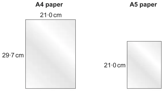 A4 paper: rectangle 21·0 cm wide and 29·7 cm tall. A5 paper: smaller similar rectangle with its longer side 21·0 cm