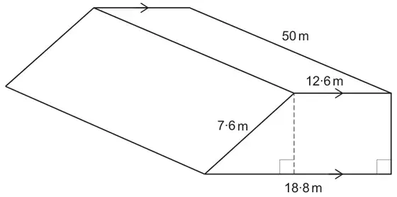 Sketch of a prism of length 50 m whose cross-section is a right-angled trapezium: parallel sides 12·6 m (top) and 18·8 m (bottom), a vertical side at right angles to the base, and a sloping side of 7·6 m; a dashed vertical line from the top of the sloping side meets the base at a right angle