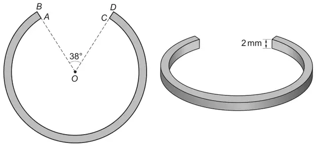 Left: the cross-section of a C-clip, a ring between two concentric circular arcs with centre O, with a gap; dashed lines from O pass through A to B and through C to D, with angle AOC = 38°. Right: a 3D view of the C-clip showing a thickness of 2 mm