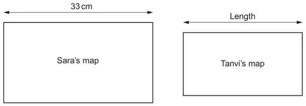 Two rectangles: Sara’s map with length 33 cm, and a smaller Tanvi’s map with length marked Length
