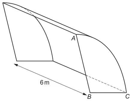Sketch of the bike shelter: two identical end sheets joined by a curved rectangular sheet 6 m long; one end sheet has corners A, B and C