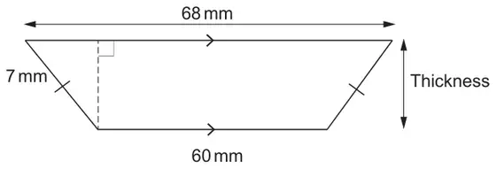 Cross-section: an isosceles trapezium with parallel sides 68 mm (top) and 60 mm (bottom), equal sloping sides marked, one labelled 7 mm; a dashed perpendicular height from the top edge to the bottom corner; the vertical height is labelled Thickness