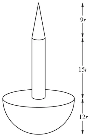 Nail: cone of height 9r on a cylinder of height 15r on a hemisphere of radius 12r