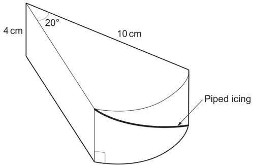 Cake slice: a sector-shaped prism with angle 20° at the centre, radius 10 cm and depth 4 cm; the piped icing runs across the curved face between opposite vertices