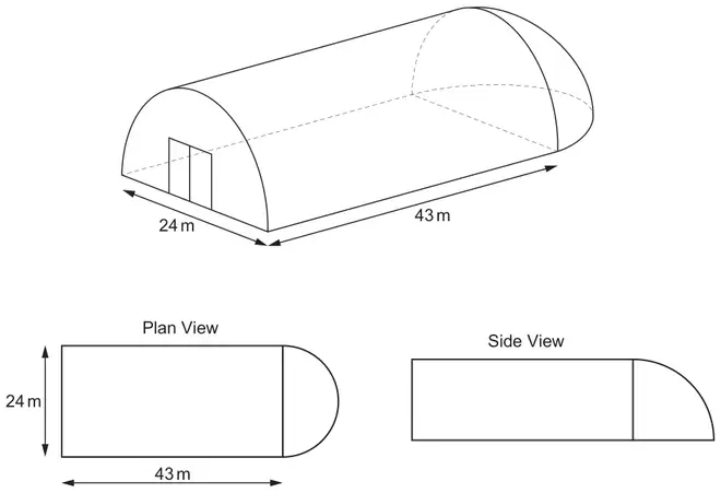 Storage building: half a cylinder of length 43 m and width 24 m with a door in the flat end, and a half-hemisphere at the other end; Plan View (rectangle 43 m by 24 m with a semicircle) and Side View (rectangle with a quarter circle)