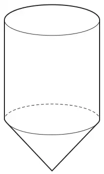 Bottle made of a vertical cylinder with a cone joined underneath, point downwards