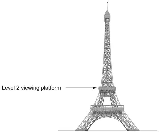 Scale sketch of the Eiffel Tower standing on the ground, with an arrow pointing to the Level 2 viewing platform
