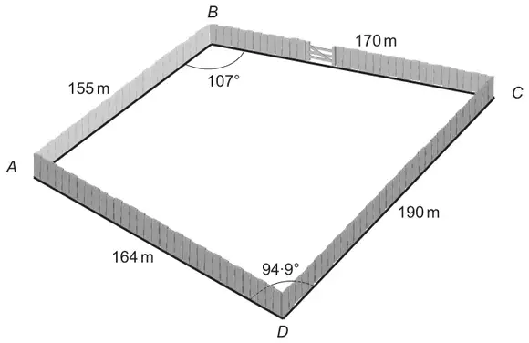 Quadrilateral field ABCD with AB = 155 m, BC = 170 m, CD = 190 m, DA = 164 m, angle ABC = 107° and angle ADC = 94·9°