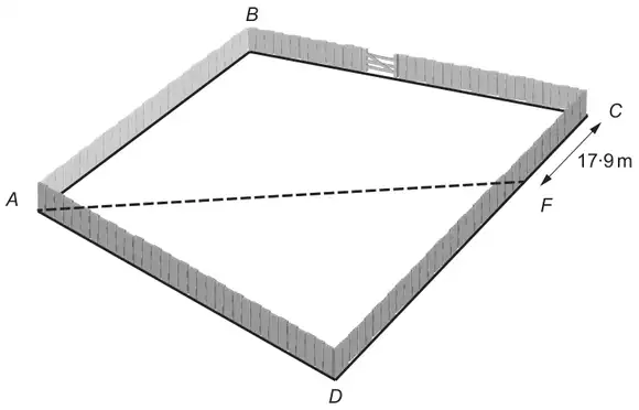 The same field with a dashed fence from A to F, where F is on CD and CF = 17·9 m