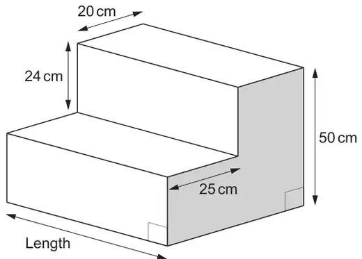 Concrete step with two levels: top step 20 cm deep and 24 cm high, lower step 25 cm deep, total height 50 cm, and the length marked along the front