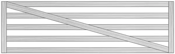 The finished gate: five horizontal planks, the diagonal plank and a vertical end plank at each end