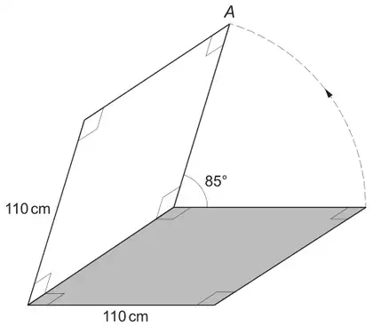 Square trapdoor of side 110 cm opened at 85° to the horizontal, with a dashed arc showing the path of corner A