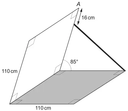 The open trapdoor at 85° with a rod from the closed position of A to a point on the edge 16 cm from A