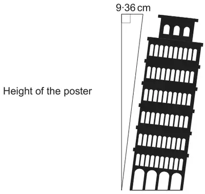 Poster of the tower with the same right-angled triangle: top side 9·36 cm, vertical side labelled Height of the poster