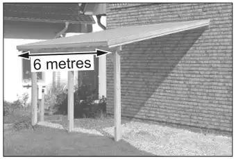Photo of the shelter against the house, with its length along the house wall labelled 6 metres