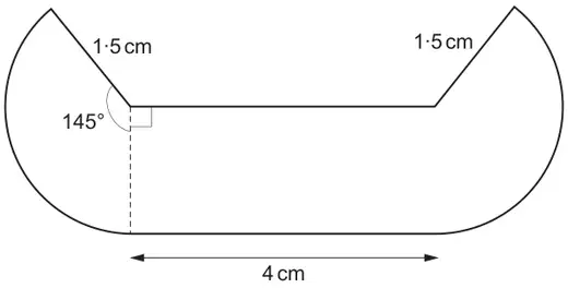 Symmetrical logo: two sectors of radius 1·5 cm with angle 145°, centres joined by a line of length 4 cm, lower vertices joined by a parallel line of length 4 cm; a dashed vertical radius meets the top line at a right angle