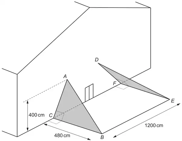 3D view of the hotel entrance: shaded right-angled triangular glass panels ABC and DEF on either side of the doors; A is 400 cm above C; CB = 480 cm along the ground; the front of the building is 1200 cm long