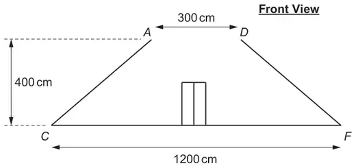Front View: A and D are 300 cm apart at height 400 cm; C and F are 1200 cm apart on the ground; doors in the middle