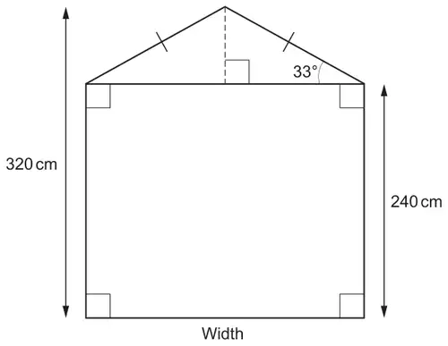 Front of garage: rectangle of height 240 cm topped by an isosceles triangle with base angles 33°, total height 320 cm, base labelled Width