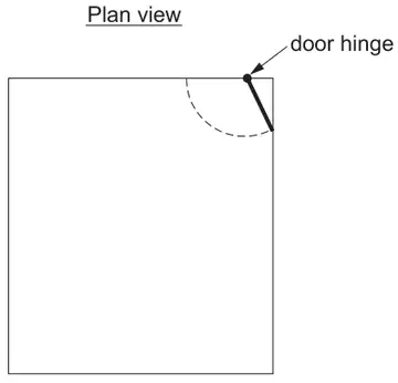 Plan view of a rectangular room with the door hinge near one corner and the door’s swing shown dashed