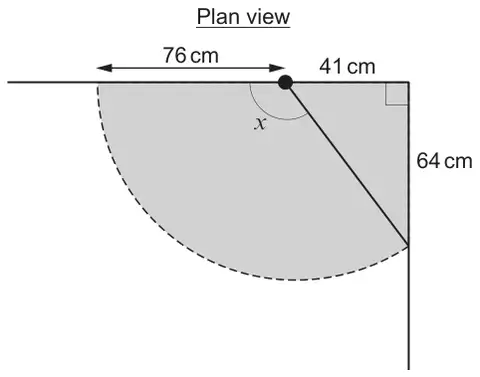 Plan view: door hinge 41 cm from the corner, door of width 76 cm swinging to touch the other wall 64 cm from the corner; angle x at the hinge; shaded region made of a sector and a right-angled triangle