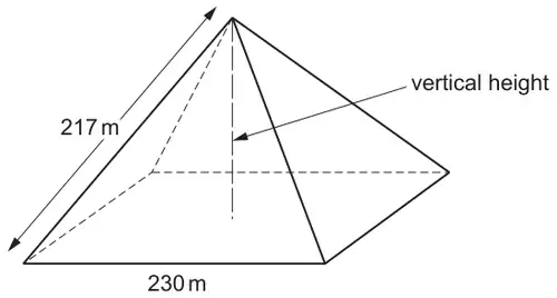 Square-based pyramid: base edge 230 m, sloping edge 217 m, vertical height marked dashed from apex to centre of base