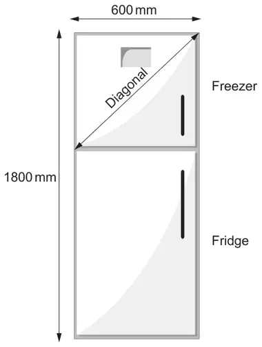 Fridge-freezer 600 mm wide and 1800 mm tall; the freezer door at the top has its diagonal marked; the fridge door is below