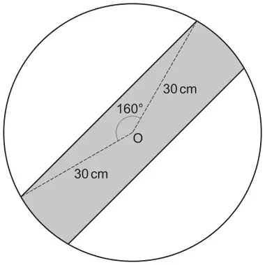 Circle with centre O and a shaded diagonal strip across it; two dashed radii of 30 cm from O to the ends of the strip edges on the circle, with an angle of 160° between them at O