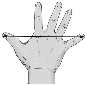 A hand with fingers spread and a double-headed arrow from the tip of the thumb to the tip of the little finger showing the hand span
