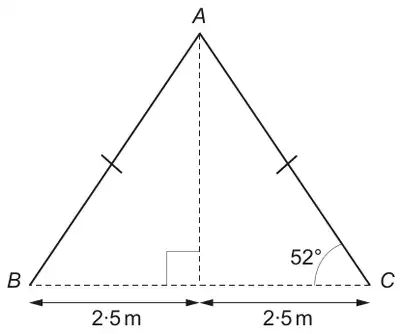 Isosceles triangle ABC with AB = AC, apex A; the perpendicular from A meets BC at its midpoint, giving 2·5 m either side; angle ACB = 52°