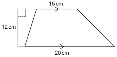 Trapezium with parallel sides 15 cm (top) and 20 cm (bottom) and perpendicular height 12 cm