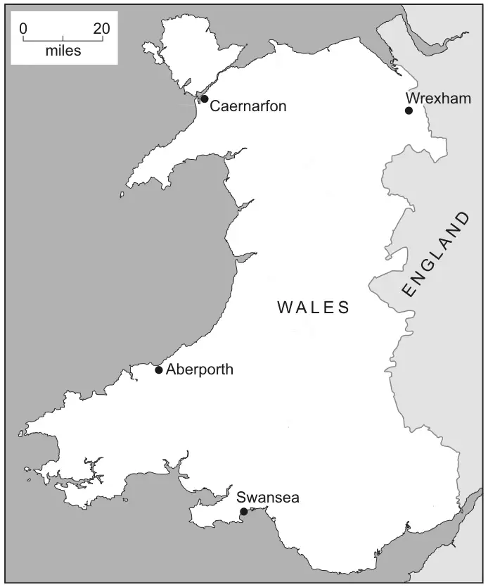 Map of Wales and the English border with scale bar 0 to 20 miles, showing the towns Caernarfon, Wrexham, Aberporth and Swansea
