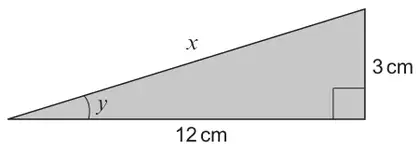 Right-angled triangle with horizontal side 12 cm, vertical side 3 cm, hypotenuse x and angle y between the hypotenuse and the horizontal side